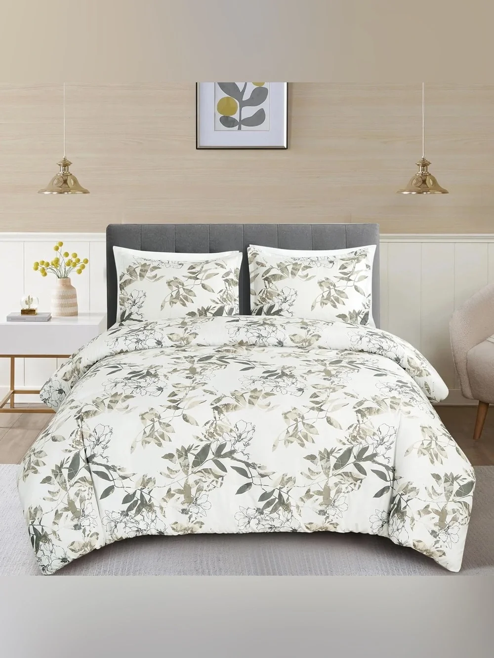 Floral Leaf king 3 piece Comforter Set in Neutral/Gray